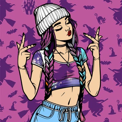 realistic teenage girl with braids and a beanie and crop top doing 🫶🏼