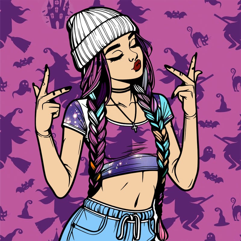 realistic teenage girl with braids and a beanie and crop top doing 🫶🏼