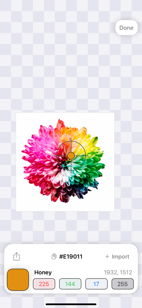 Interfaccia dell'app Color Pro Picker che mostra lo strumento contagocce che seleziona un colore da un'immagine con valori esadecimali e RGB precisi