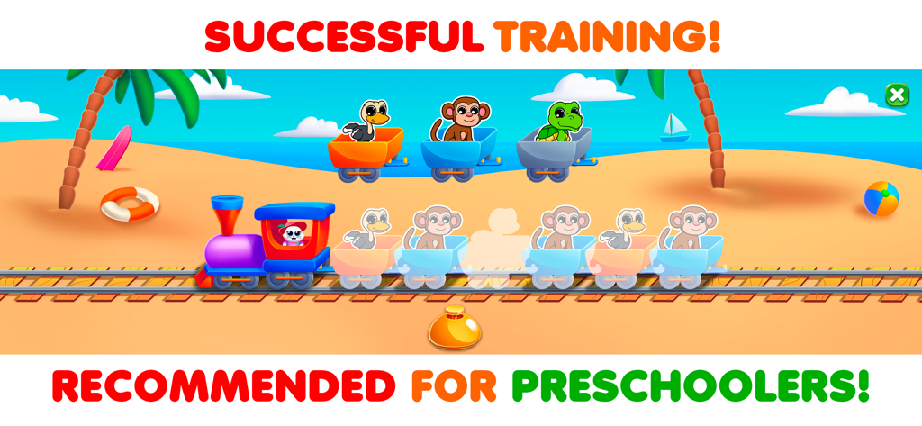 RMB Games - Toddler Learning - Educational preschool game featuring animal sorting on a colorful beach train