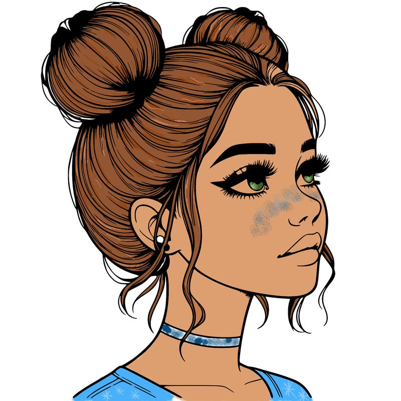 realistic girl with buns on the top of her head