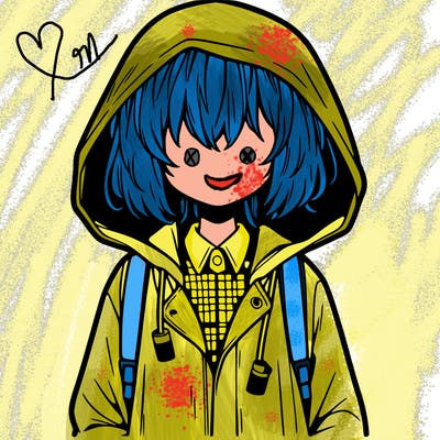 little anime girl in a raincoat her hair is covering her eyes she has a lighter