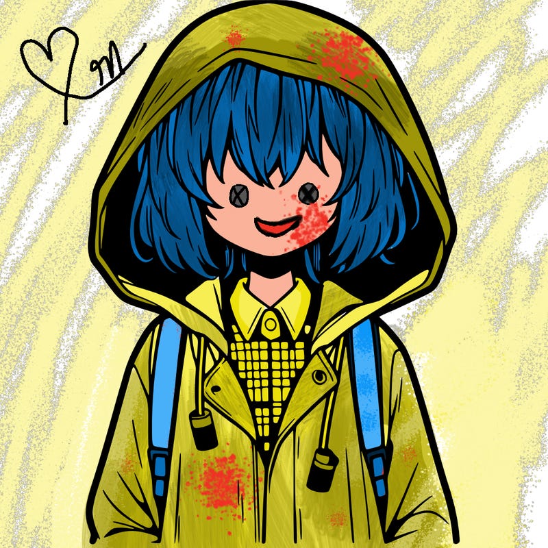 little anime girl in a raincoat her hair is covering her eyes she has a lighter