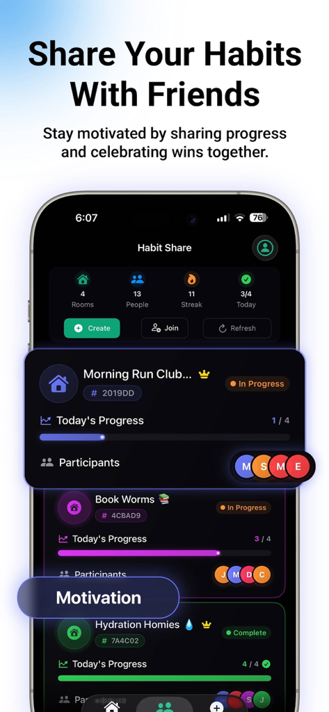 Interfaz de la aplicación HabitRix para compartir hábitos y seguir el progreso con amigos