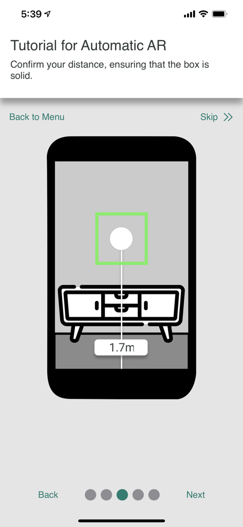 A tutorial screen in the TVfit app showing an illustration of how to confirm distance using AR for measuring wall space.