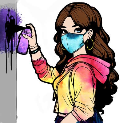 realistic girl with mask spray painting a wall