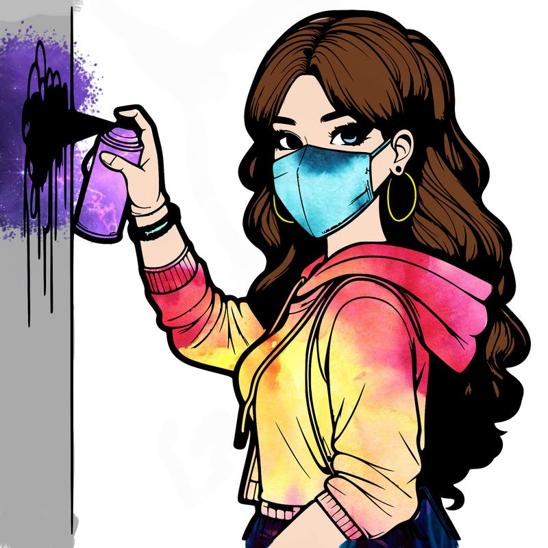 realistic girl with mask spray painting a wall