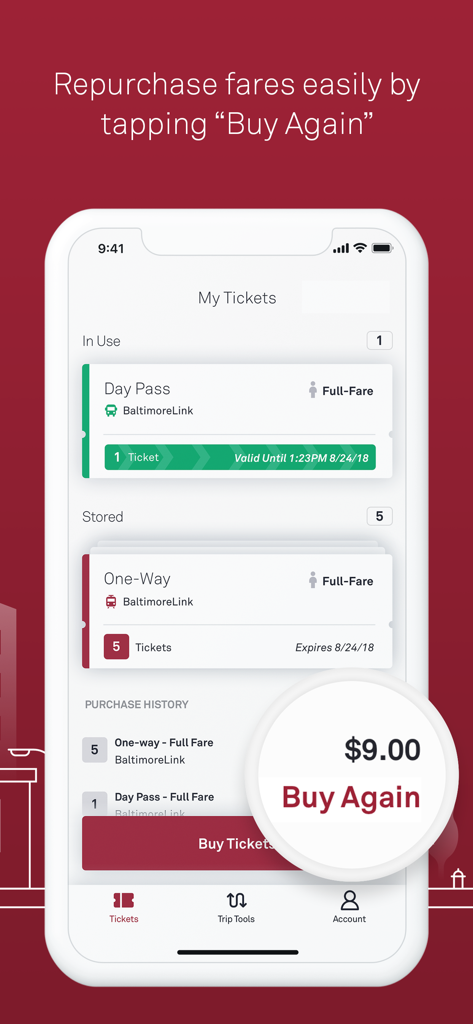 CharmPass - CharmPass app showing digital transit tickets and a Buy Again button for quick fare repurchase