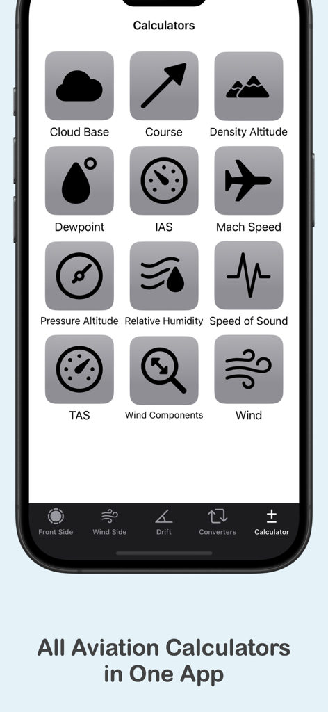 E6B Flight Pro - A menu display of various aviation calculators including wind speed and altitude tools in the E6B Flight Pro app