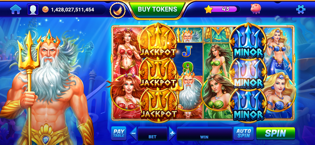 GSN Casino Poseidon themed slot machine interface featuring mermaids and underwater visuals.