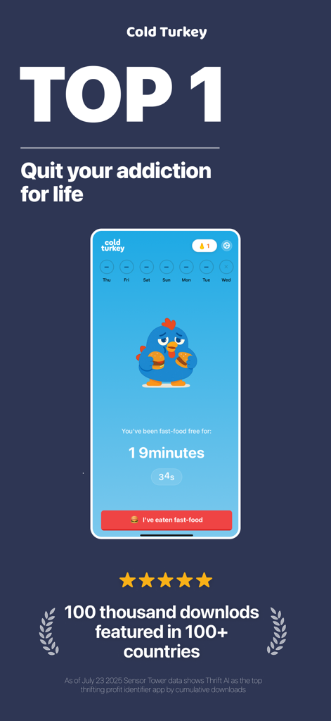 Cold Turkey app interface showing a fast food abstinence counter and high user ratings