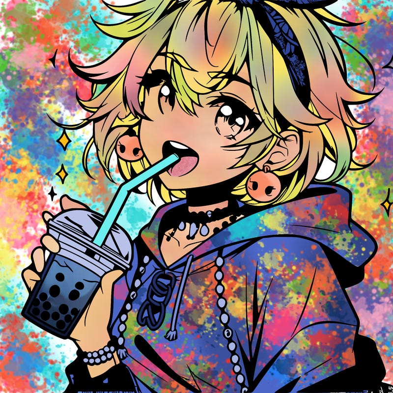 hot baddie anime girl drinking boba and biting the straw