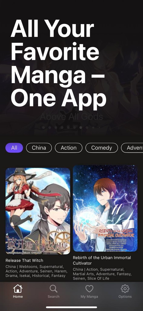 Manga Reader Plus home screen displaying a catalog of manga titles with category filters like China and Action.