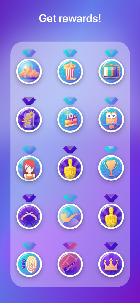 Cinema Quiz: films & actors - Cinema Quiz app screen showing movie themed achievement badges for players to earn
