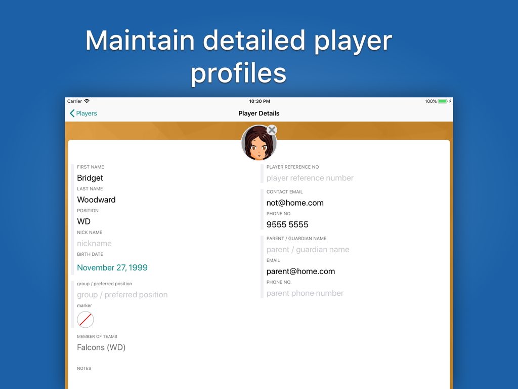 Great Coach Netball - A screenshot of the Great Coach Netball app showing a detailed player profile with contact information and team details