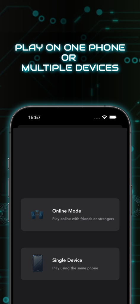 Screen showing the Online Mode and Single Device play options in the Imposter Party app