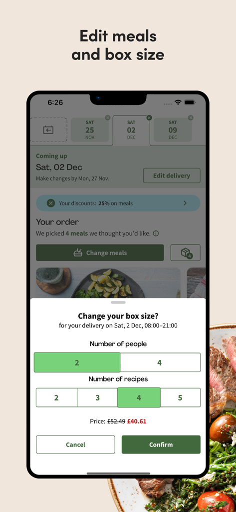 A mobile interface of the Green Chef app showing a pop-up to change box size by selecting the number of people and recipes per week.