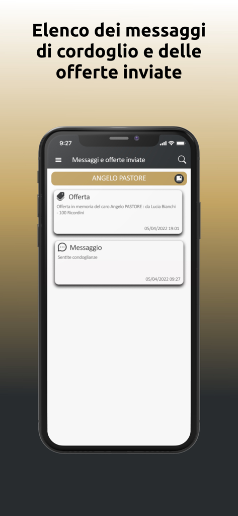 Solimano Funeral - Solimano Funeral app interface displaying a history of sent condolence messages and donation offers.