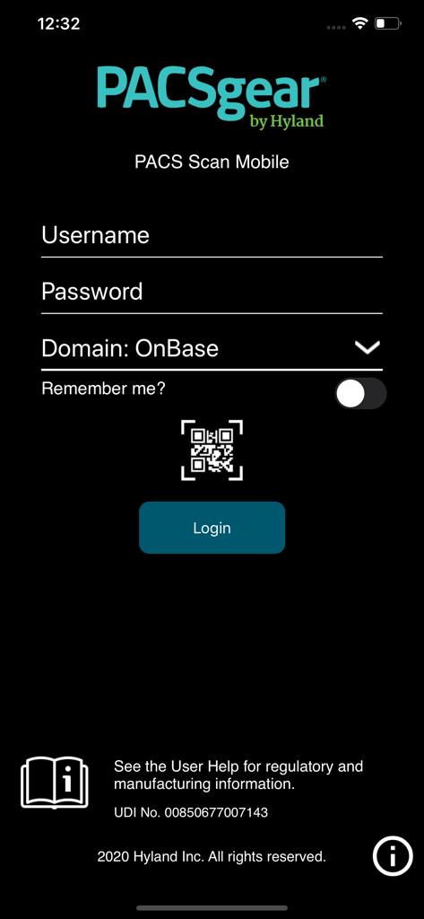 Login screen for PACS Scan Mobile showing username and password fields along with a QR code scan option