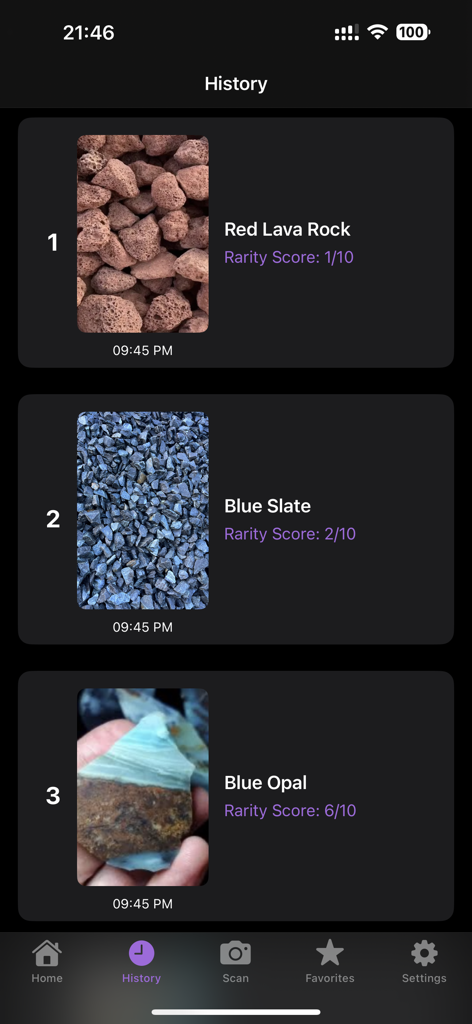 Rock Identifier: Stone Scan ID - History screen of the Rock Identifier app displaying a list of scanned stones like Red Lava Rock and Blue Opal with rarity scores