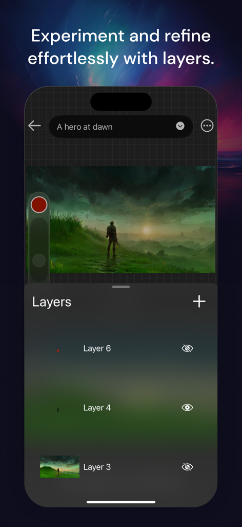 Muse Pro - Muse Pro digital art app showing the layers management interface and an illustration of a hero at dawn.