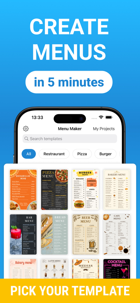Create Menus Easily - Mobile app interface showing a variety of professional menu templates for restaurants and cafes