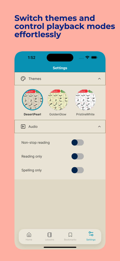 Settings screen of the Noorani Qaida app showing theme choices and audio playback controls.