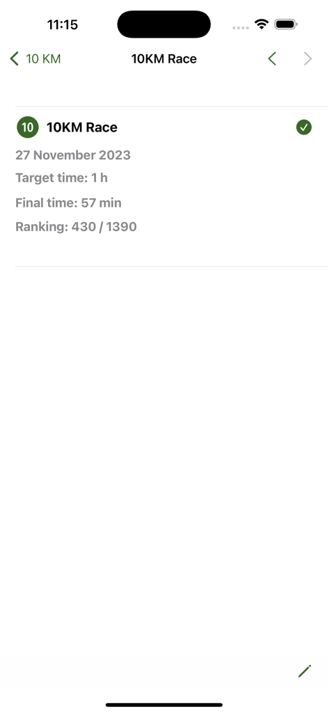 Eine Zusammenfassungsanzeige für ein 10-km-Rennen mit Zielzeit, Endzeit und Gesamtplatzierung.