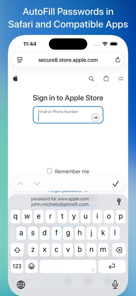 Safe +  Password Manager - Safe Plus Passwort-Manager füllt automatisch Anmeldedaten in einem iPhone Safari-Browser aus
