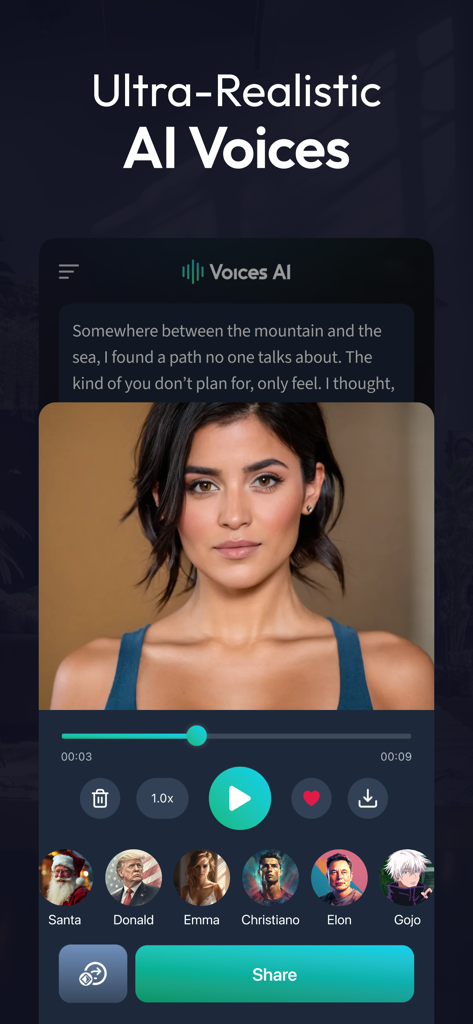 Voices AI app interface showing ultra realistic voice options and celebrity presets