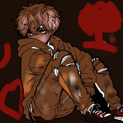 a male hoddie ripped jeans messy hair anime