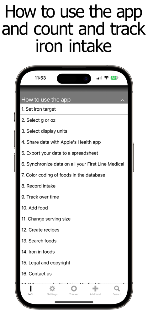 Iron Counter and Tracker - A numbered list of instructions on how to use the Iron Counter and Tracker app on an iPhone screen