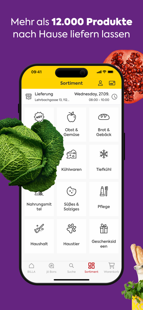 BILLA Mobile App mit einem Raster von Lebensmittelproduktkategorien für die Lieferung nach Hause