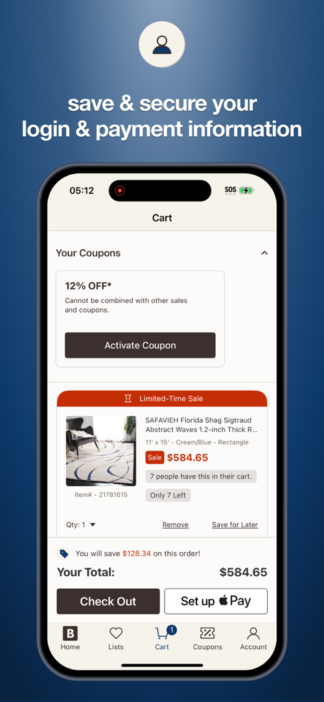 Bed Bath and Beyond app cart screen showing a 12 percent off coupon and secure checkout options for a home rug