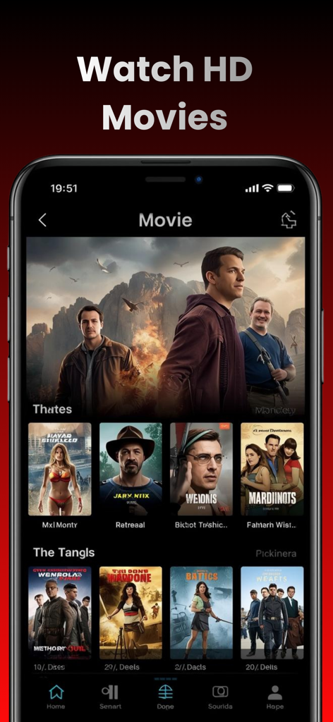 Interface do aplicativo RAVE em um iPhone mostrando uma biblioteca de filmes em HD e séries de TV em alta.