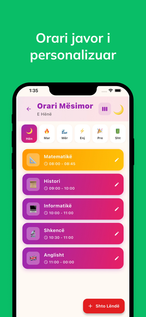 Fjala - Mëso Duke Luajtur - Una pantalla de teléfono móvil que muestra un horario escolar personalizado y colorido en la aplicación educativa Fjala.