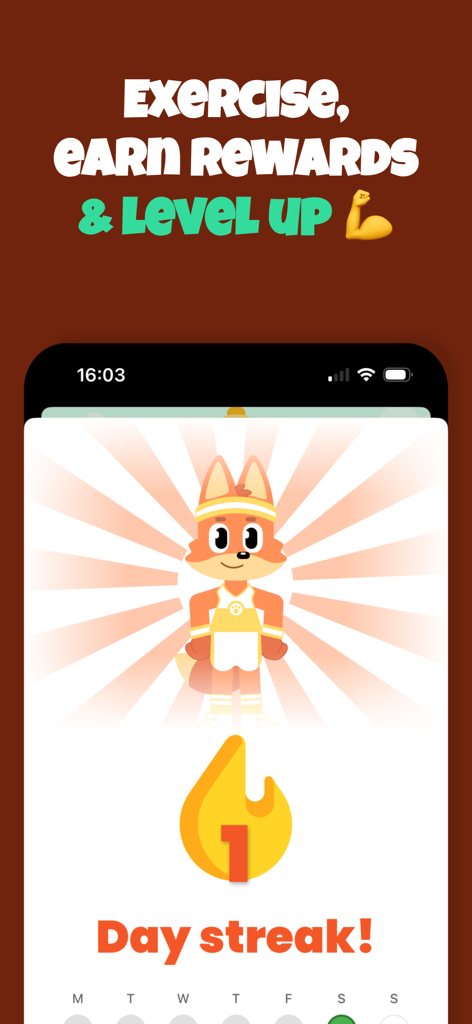 Gamified Workouts: Snapfit - Snapfit app screen showing a one day workout streak with a cute fox mascot.