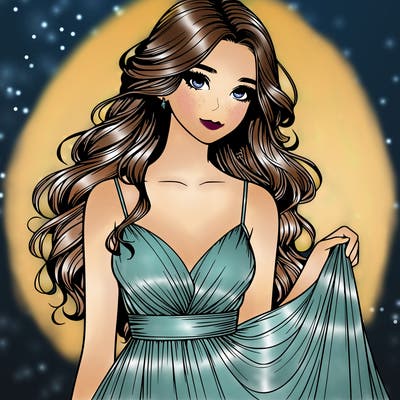 realistic girl in flowy silky prom dress