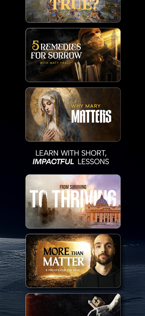 Truthly: Catholic AI - Interfaz de la aplicación Truthly que muestra varias lecciones educativas católicas cortas