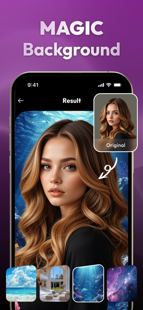 Clear Photos - Image Clearer - Interfaz de la aplicación móvil que muestra una función de cambio de fondo con IA para una foto de retrato
