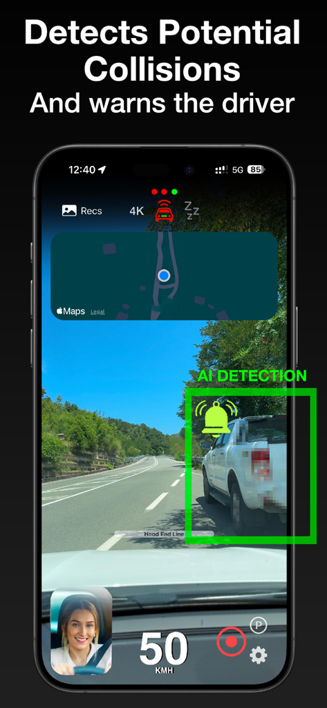 Dash Cam | Drive Guardian AI - Dash Cam app interface showing an AI collision warning alert with a green detection box on a nearby vehicle.