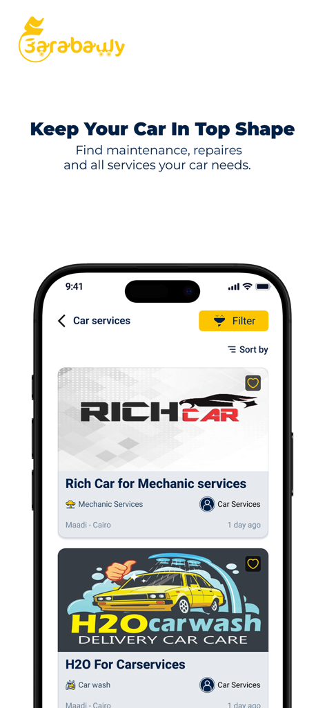 エジプトでの自動車整備および整備士サービスリストを表示する3arabawyアプリのインターフェース