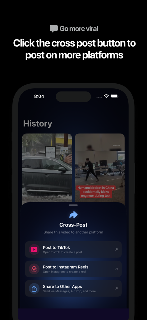 No Watermark: Save Your Videos - Mobile app interface showing options to cross-post watermark-free videos to TikTok and Instagram Reels