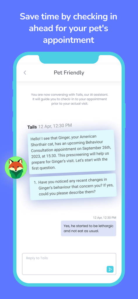 Digitail - Smarter Pet Care - Digitailモバイルアプリのチャットインターフェースは、AIアシスタントによるペットの予約チェックイン用です