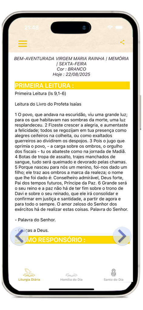 Catecismo da Igreja Católica - 가톨릭 교회 교리서 모바일 앱에서 매일의 전례 읽기를 보여주는 아이폰 화면