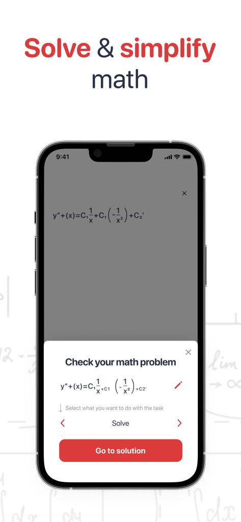 Math Problem Solver app - Math Problem Solver app interface showing a scanned mathematical equation with a button to see the solution