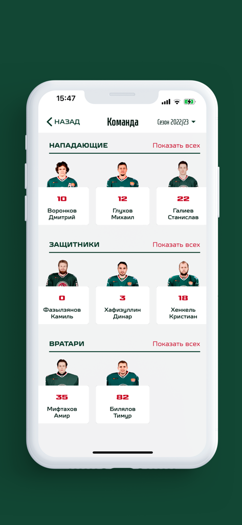 Ak Bars Kazan hockey team roster screen showing players and their positions