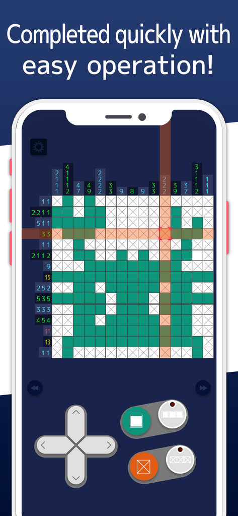 Pantalla del juego Nonograms 999 que muestra una cuadrícula de acertijo lógico y un controlador virtual para jugar con una sola mano.