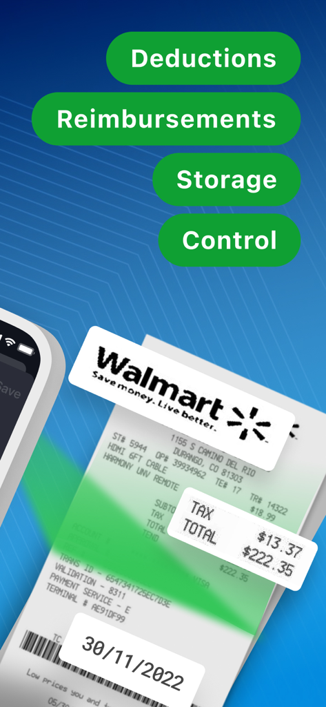 Receipt scanner app interface showing automated extraction of receipt data for tax deductions and reimbursements