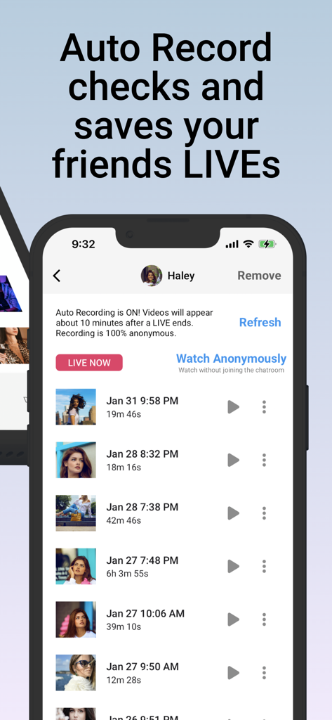 Rewatch LIVE: Save Live Stream - Screenshot of Rewatch LIVE app showing a list of automatically recorded live streams from a social media creator